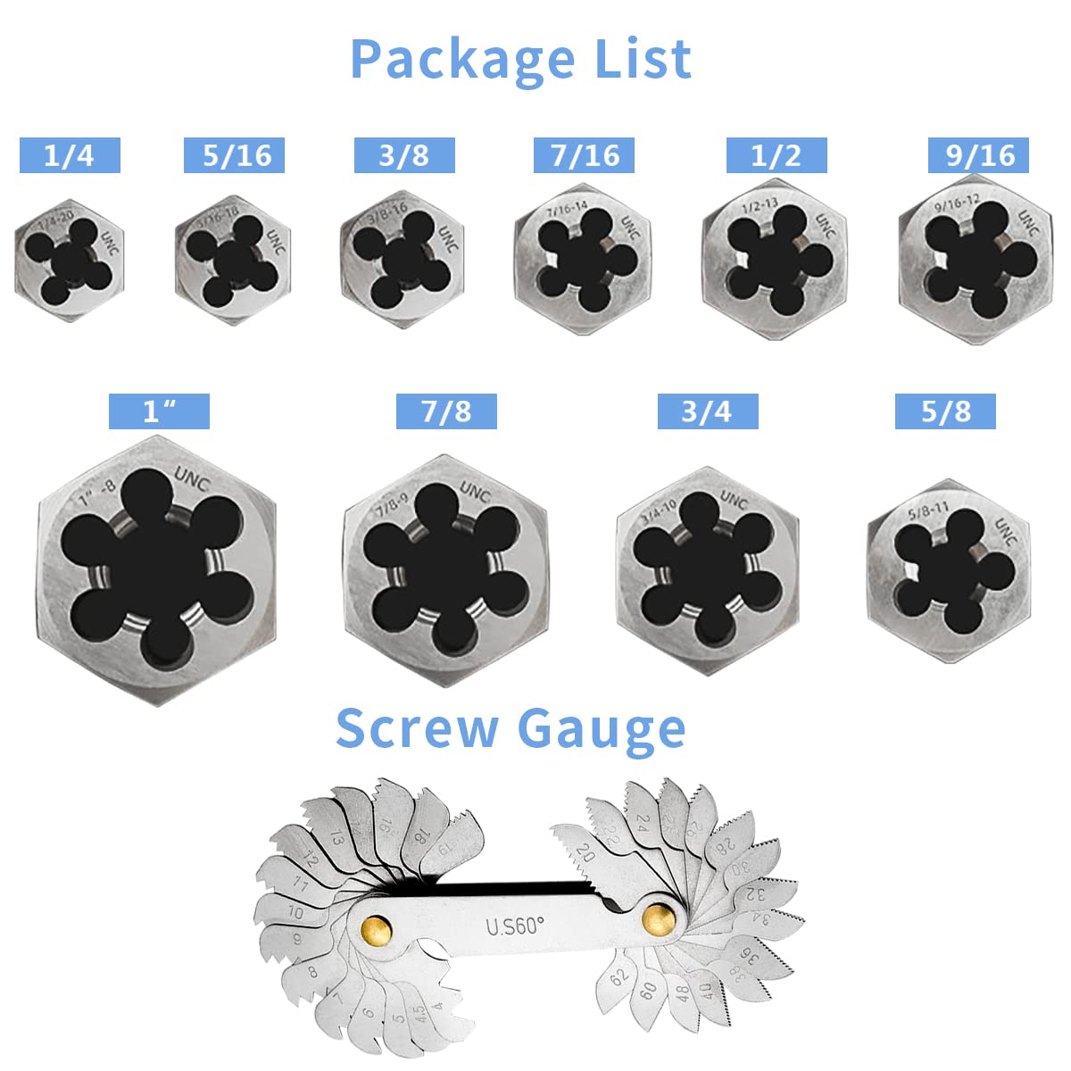 11 Piece UNC Hex Die Set 1/4" 5/16" 3/8" 7/16" 1/2" 9/16" 5/8" 3/4" 7/8" 1" Rethreading Carbon Steel Black Box with Handle
