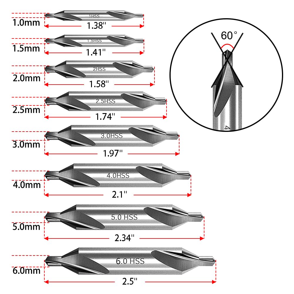 SeonFook 8 PCS Center Drill Bits Set, Countersink Tools for Lathe Metalworking 60 Degree Angle HSS Center Drill Bits for Alloy Steel, Cast Iron, Other Hard Metals (1.0/1.5/2.0/2.5/3.0/4.0/5.0/6.0)