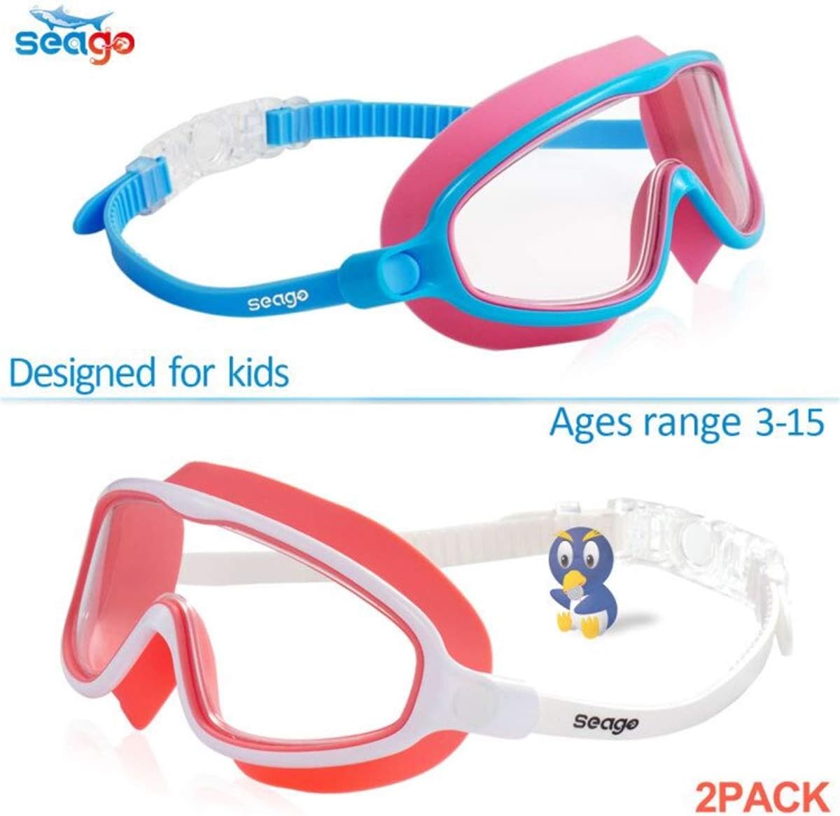 Seago Swim Goggles - Anti-Fog, Anti-UV, Wide View Design | 2 Pack for Kids Ages 3-15