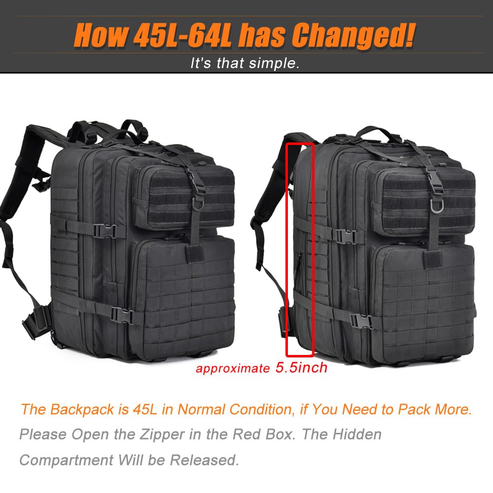 R.SASR 64L Large Tactical Backpack, Military Backpack, Molle Backpack, Tactical Bag, Hiking Daypacks (3, black)