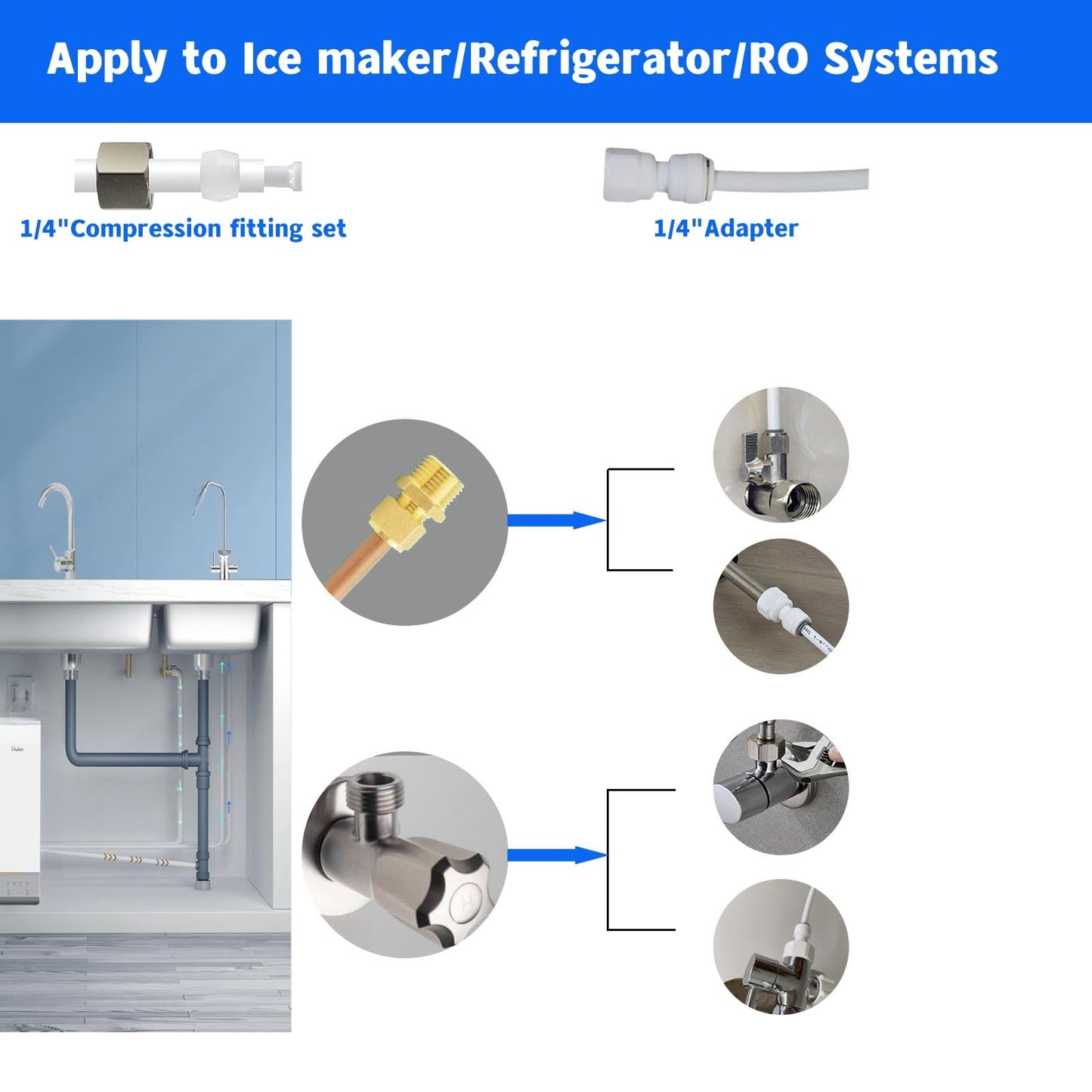 Refrigerator Water Line Kit Connection and 1/4 Compression Ice Maker Installation Kit，25FT 1/4In O.D.Water Line with Quick Fittings, for Adding a branch waterway on RO System（White)