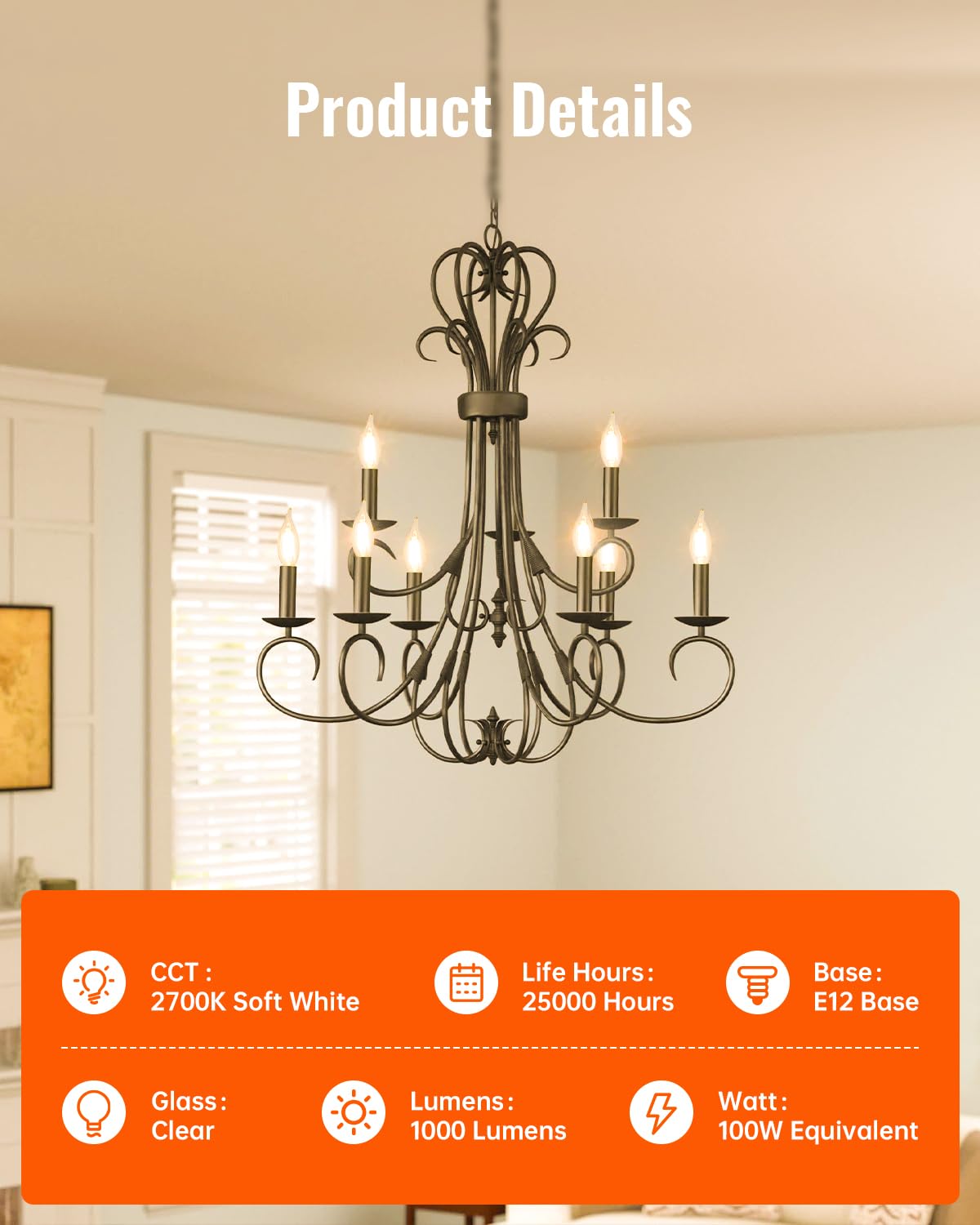 OMED E12 LED Candelabra Bulb 100 Watt Equivalent, 2700K Soft White, Dimmable LED Chandelier Light Bulbs, 7W 1000 Lumen Clear Candle Light Bulb for Living Room, Light Fixture, 6 Pack