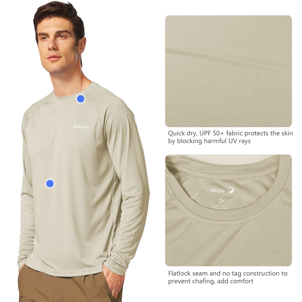 baleaf Mens UPF 50+ Sun Protection Shirts Long Sleeve Rash Guard, Quick Dry 4-Way Stretch for Fishing Swimming Surfing 01-Oatmeal 2XL