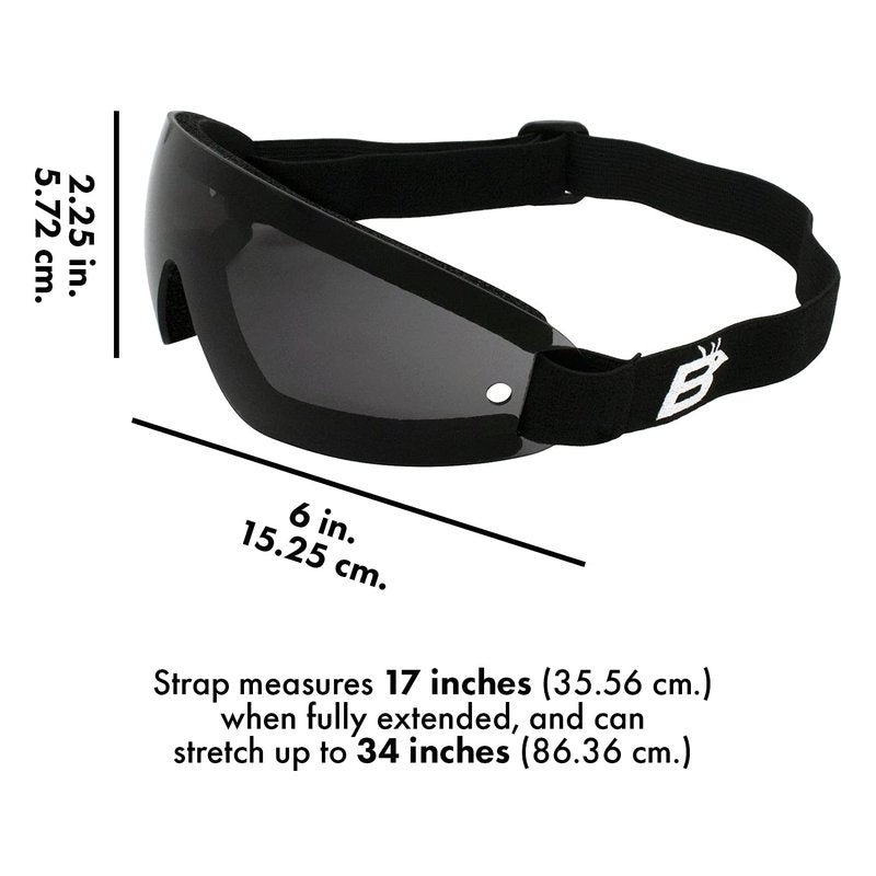 Birdz Eyewear Wing Goggles Black Frame Smoke Lens Skydiving Extreme Sports 100% UV Protection Antifog Coated Adjustable Strap Peripheral Vision Neoprene Foam Padding Shatterproof Lens Microfiber Bag