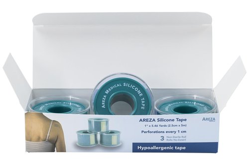 Areza Medical, Silicone Tape, Non-sterile, Hypoallergenic, with Perforations Every 1 cm, 1" x 5.46 yds. (2.5 cm x 5 m) - 3 Rolls per Box