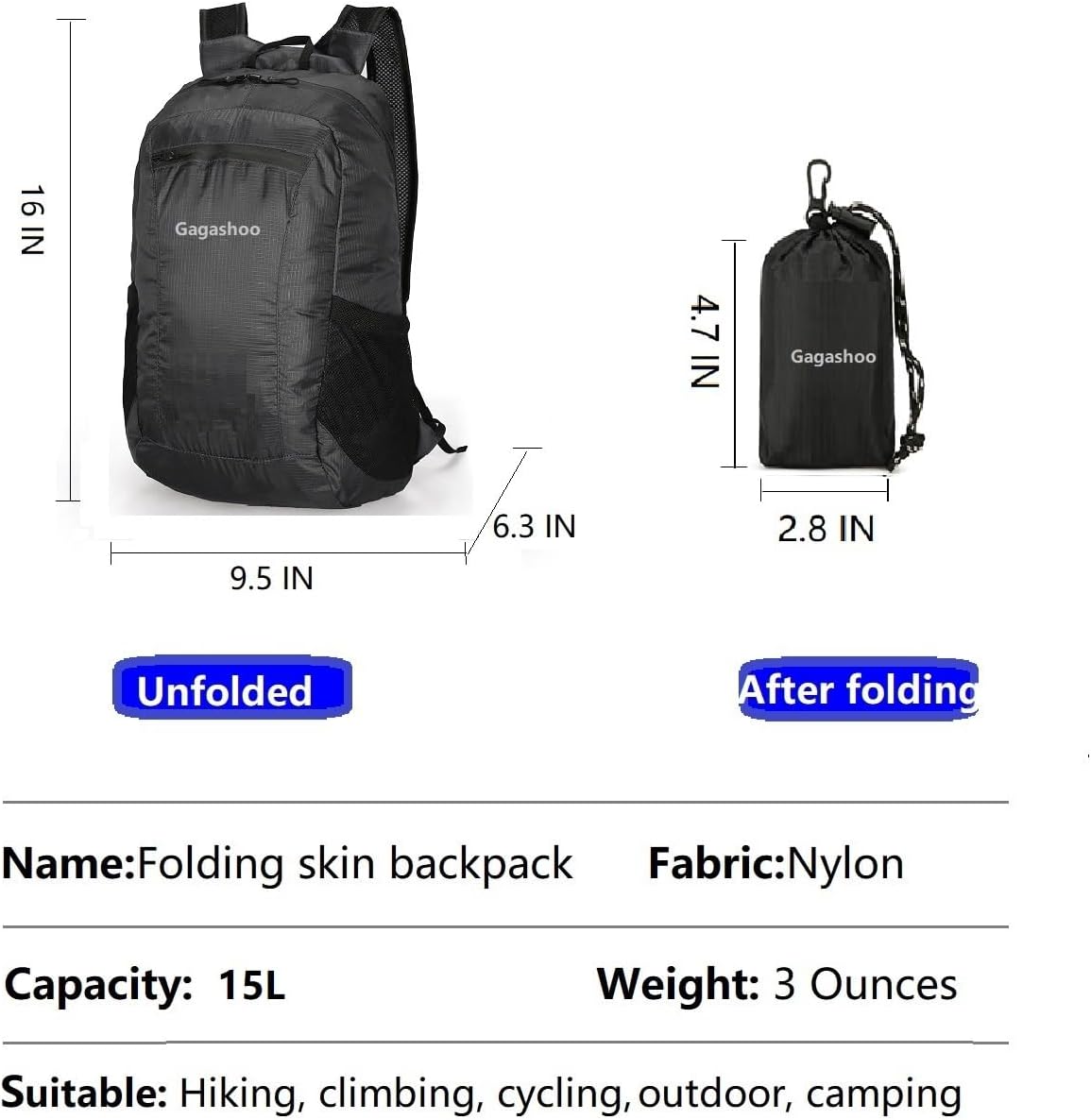Skiennix Small Foldable Hiking Daypack - Lightweight Casual Backpack for Travel & Outdoor Adventures | Black