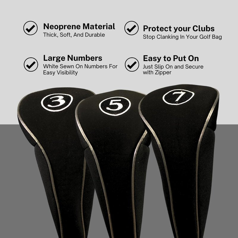 Black Golf Zipper Head Covers 3 5 7 Fairway Woods Headcovers Metal Neoprene Traditional Plain Protective Covers Fits All Fairway Clubs