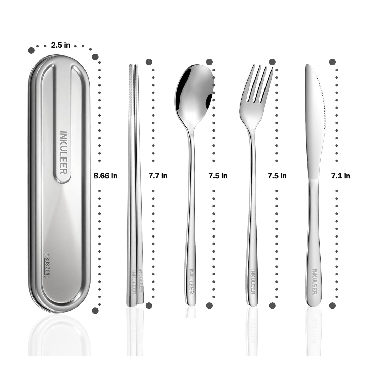 iNKULEER Travel cutlery set, 18/8 stainless steel cutlery, Reusable utensils set with case, Portable Silverware Lunch Box for Camping and Office-Stainless steel
