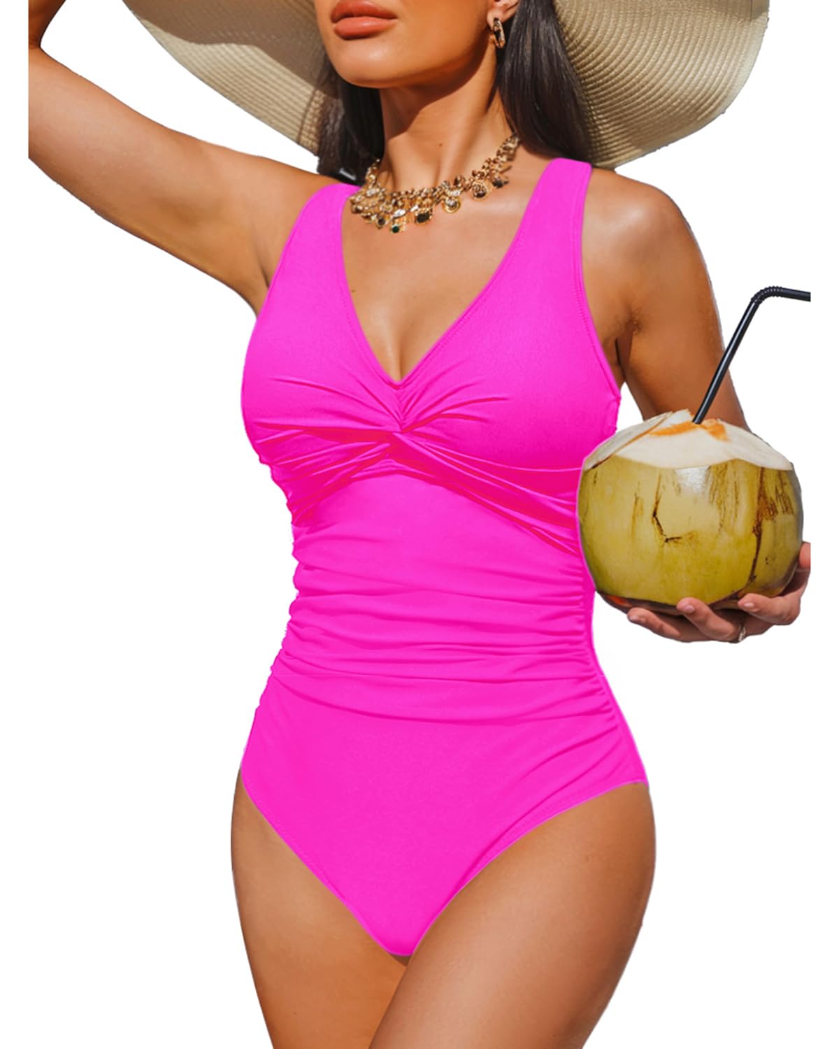 Holipick Hot Pink Plus Size Women Tummy Control One Piece Swimsuit - Push Up Bathing Suit Full Coverage Slimming Swimwear 22 Plus (US 22W)