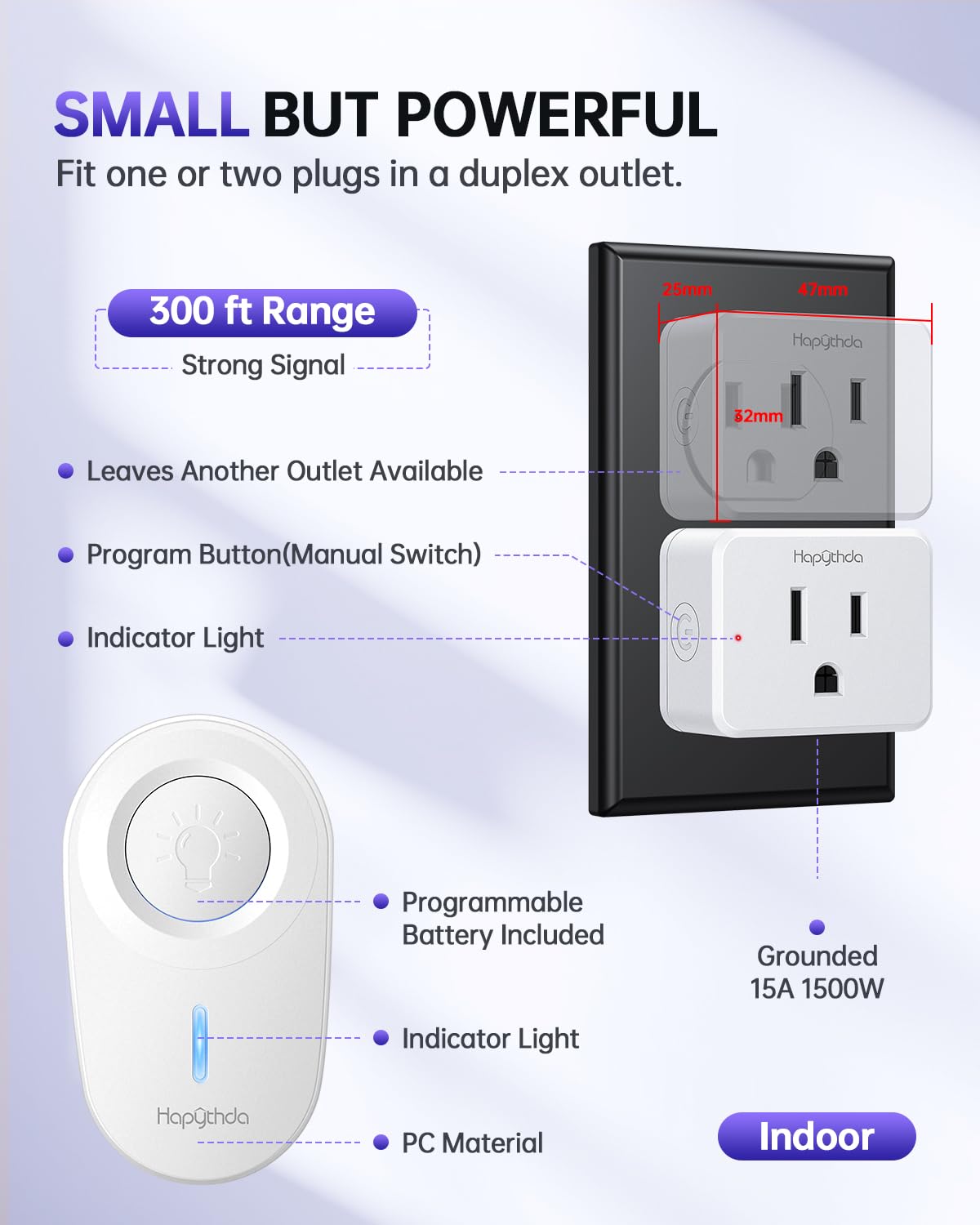 HAPYTHDA Remote Control Outlet Plug, 15A/1500W Remote Outlet Switch, 300ft RF Range Wireless Remote Light Switches, No Wiring Needed for Light, Small Electrical Appliance, Compact Design, TUV Listed