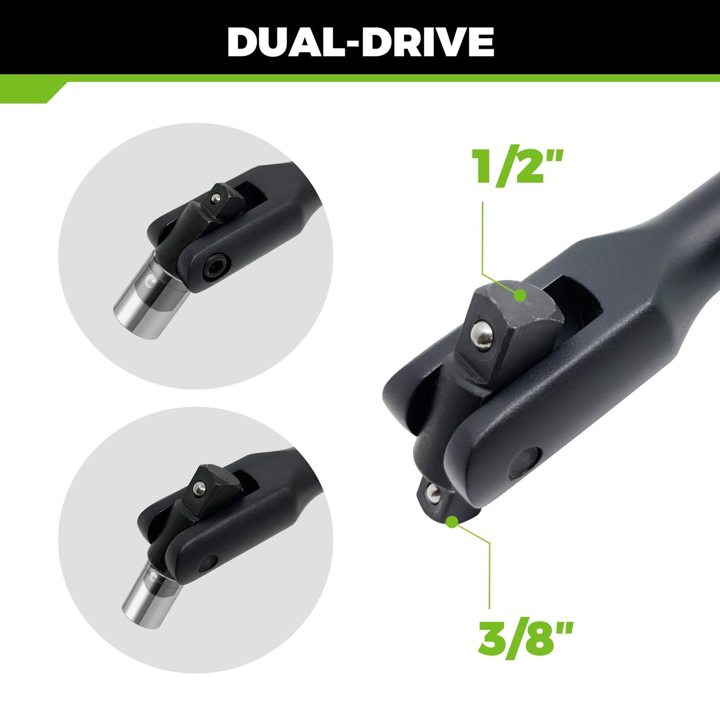 16-inch Dual Drive Breaker Bar, 3/8" & 1/2" Drive, Heavy Duty Breaker Bars with 360° Rotatable Head, Spring-loaded Detent Ball, Premium Chrome Vanadium Steel with Black Powder Coating