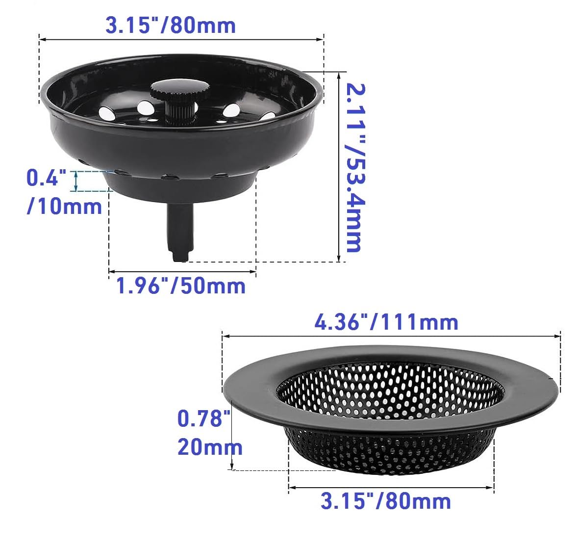 AJOMAN Kitchen Sink Drain Strainer Basket and Sink Drain Stopper, Sink Strainers for Kitchen Sink, Food Catcher(Matte Black, 4 Pieces Total)