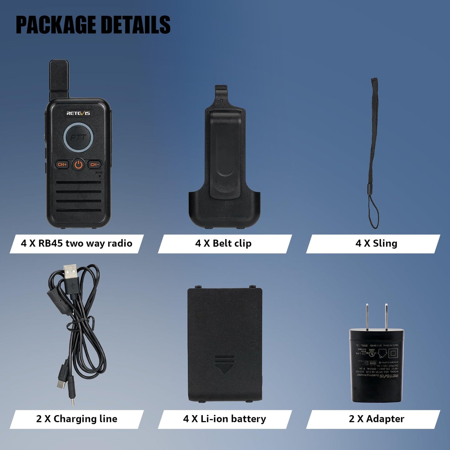 Retevis RB45 Walkie Talkies for Adults, Two Way Radio Long Range Rechargeable, Dual PTT, 2-in-1 USB-C Charging Cable, Small, Mini,16 Channel for Camping Hiking Family Travel School Restaurant(4 Pack)