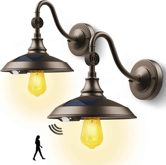 Solar Barn Light Outdoor - 3 Modes Vintage Gooseneck Waterproof Motion Sensor (2 Pack)