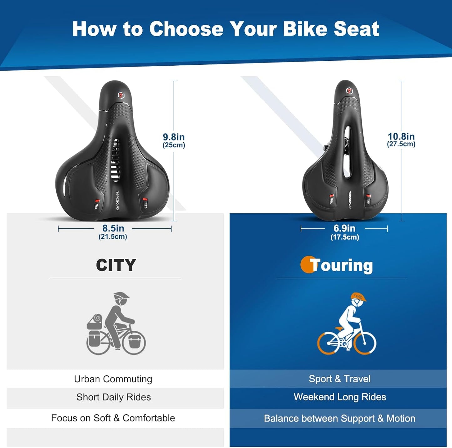 Topcrown Bike Seat - Comfort Wide Bicycle Saddle with Waterproof Design & Memory Foam Cushion | Ideal for Mountain, Road, and Exercise Bikes