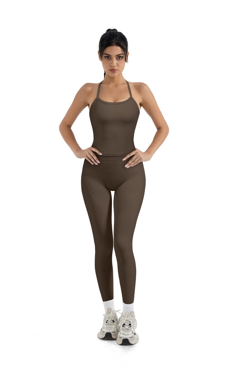SUUKSESS Women 2 Piece Workout Sets Compression Tummy Control Leggings with Pockets Halter Built in Bra Tank Tops Sports Bra Scrunch Booty Lting Yoga Pants (Brown, XL)