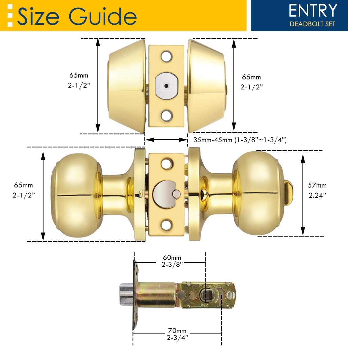 Brotima 4 Pack Round Polished Brass Entry Door Knobs and Deadbolt Combination Set, Double Cylinder Deadbolt Door Lock Set, Keyed Alike, ANSI Grade 3 Security, 250,000 Cycles