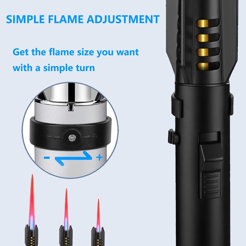 Torch Lighter 2 Pack Red+Blue Straight Flame Long Torch Lighter Bright Fire Butane Refillable Windproof with Flame Adjustable and Safety Lock for Camping Candles Cooking Outdoor Gift, 8"(Without Fuel)