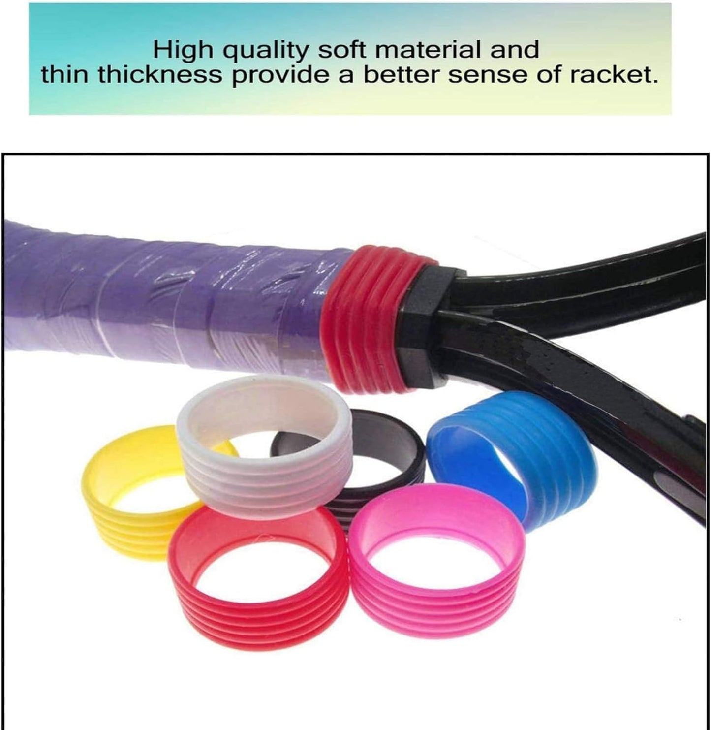 Junfamilee 5Pcs Black Tennis Racket Handle Rubber Ring Stretchy Tennis Racquet Band Overgrips, Tennis Racket Grips, Racquet Accessories