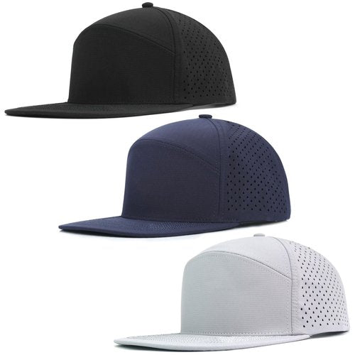 Liarnatio 3Pack Men's Flat Brim Performance Snapback Hat Laser Perforated Adjustable Baseball Cap,Running,Golf,Hiking,Workout (US, Alpha, One Size, Black+Navy+Grey)