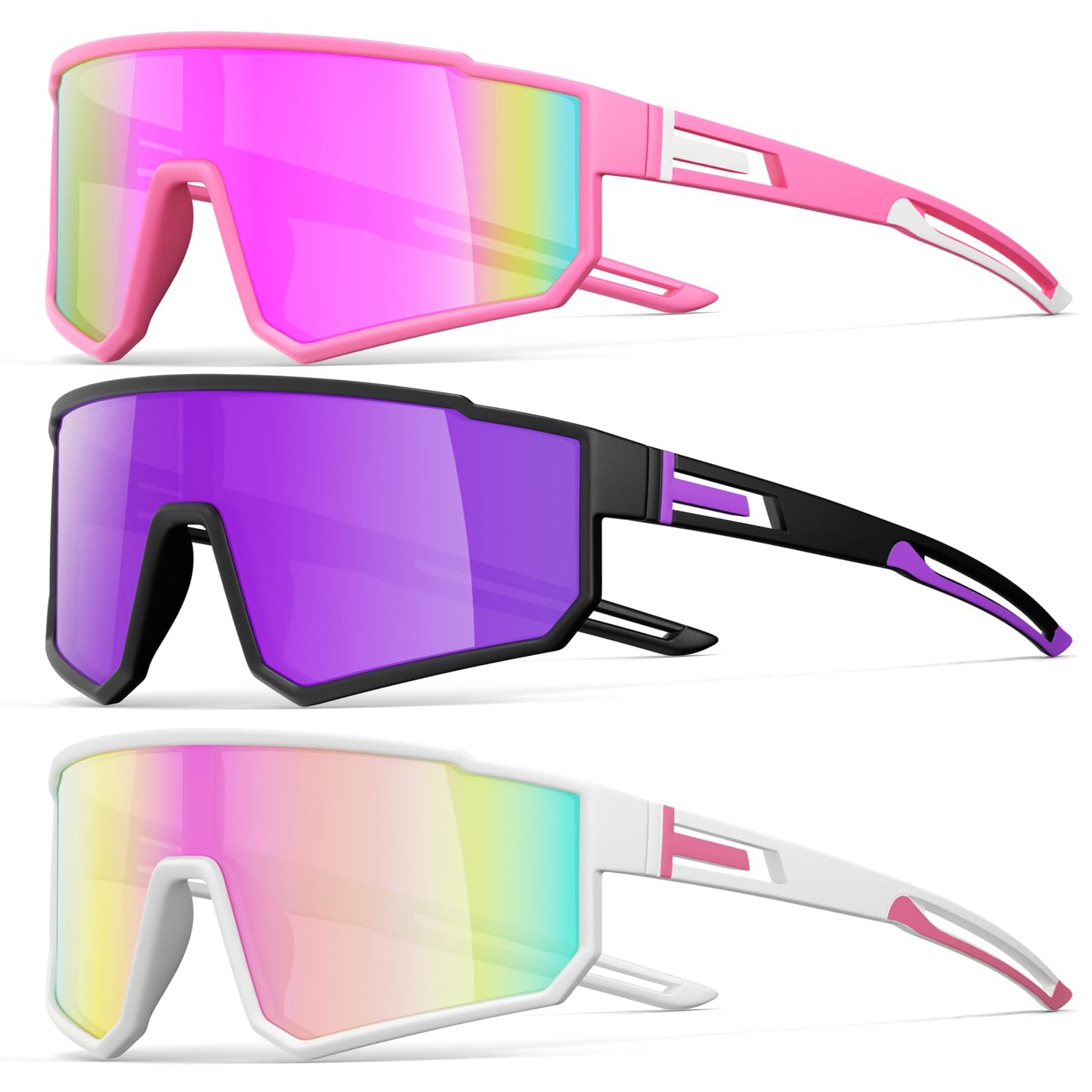 IKTOD 3 Pack Polarized Running Sunglasses for Women Mens Sunglasses UV Protection for Cycling Baseball Fishing (3 Pack-Pink Pink/Purple Black/Pink White-W09)