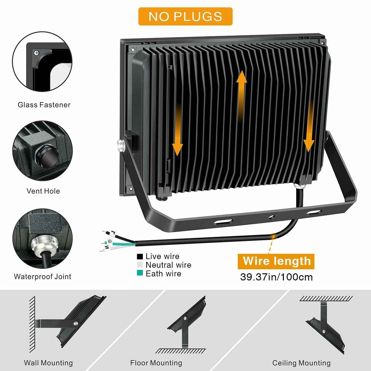 2 Pack 150W Led Flood Light, 15000lm 3000K Warm White Exterior Flood Lighting, Outdoor Indoor Flood Light Fixture Landscape Security Floodlight Spotlight for Yard, Garden, Garage, Rooftop