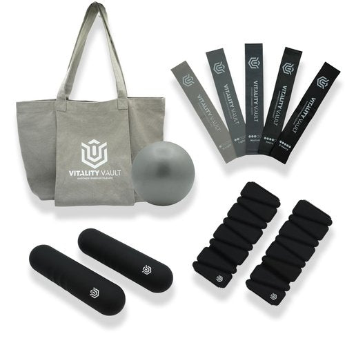 Vitality Vault Pilates Pro Power Pack - Workout Essentials - 2.2lb Hand Weights, 2.2lb Ankle Weights/Wrist Weights, Resistance bands, Pilates Ball, Canvas Tote Bag - For Beginners or Advanced - Home or Gym/Studio Use. (Onxy)