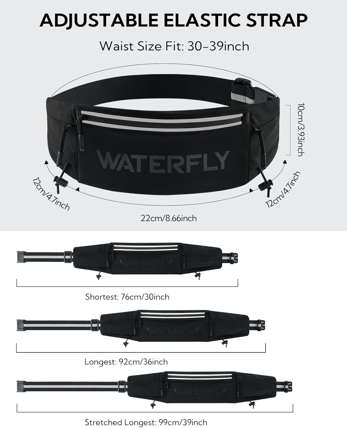 WATERFLY Running Belt - Breathable 3-Pocket Fanny Pack for Men & Women | Fits All Phones - Black