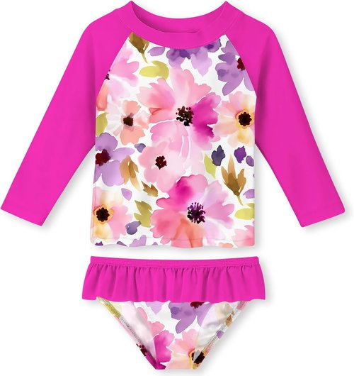 Funnycokid Girls Rash Guard Swimsuit Set - Long Sleeve Two-Piece Bathing Suit for Ages 2-10