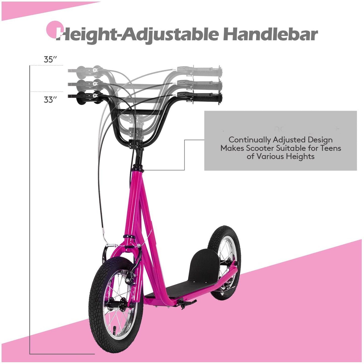 Goplus Youth Kick Scooter, Kick Scooter W/ 12-Inch Air Filled Wheels, Carbon Steel Frame, Adjustable Handlebar, Front and Rear Dual Brakes, Ride On Toys for Adults Teens (Pink)