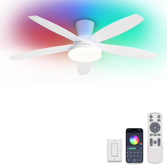 ZMISHIBO 48 inch RGB Ceiling Fans with Lights and Remote/APP Control,White Low Profile Ceiling Fan with Quiet DC Motor,LED Dimmable, Modern Flush Mount Ceiling Fan for Bedroom Indoor,Party, Patio