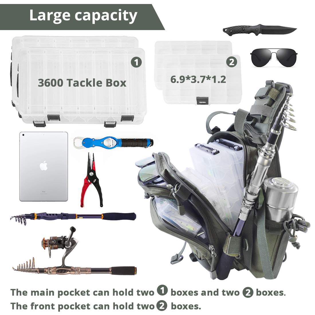 BLISSWILL Fishing Backpack Outdoor Tackle Bag Large Water-resistant Fish pack with Rod Holder Shoulder Backpack fishing gifts for men (Army Green)