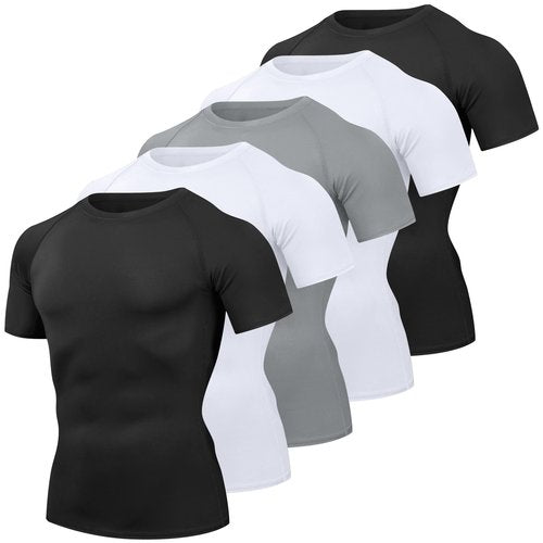 HovSiyla 5 Pack Men's Compression Shirts Cool Dry Short Sleeve Baselayer Athletic Workout T Shirts 2Black 2 White 1 Grey Large