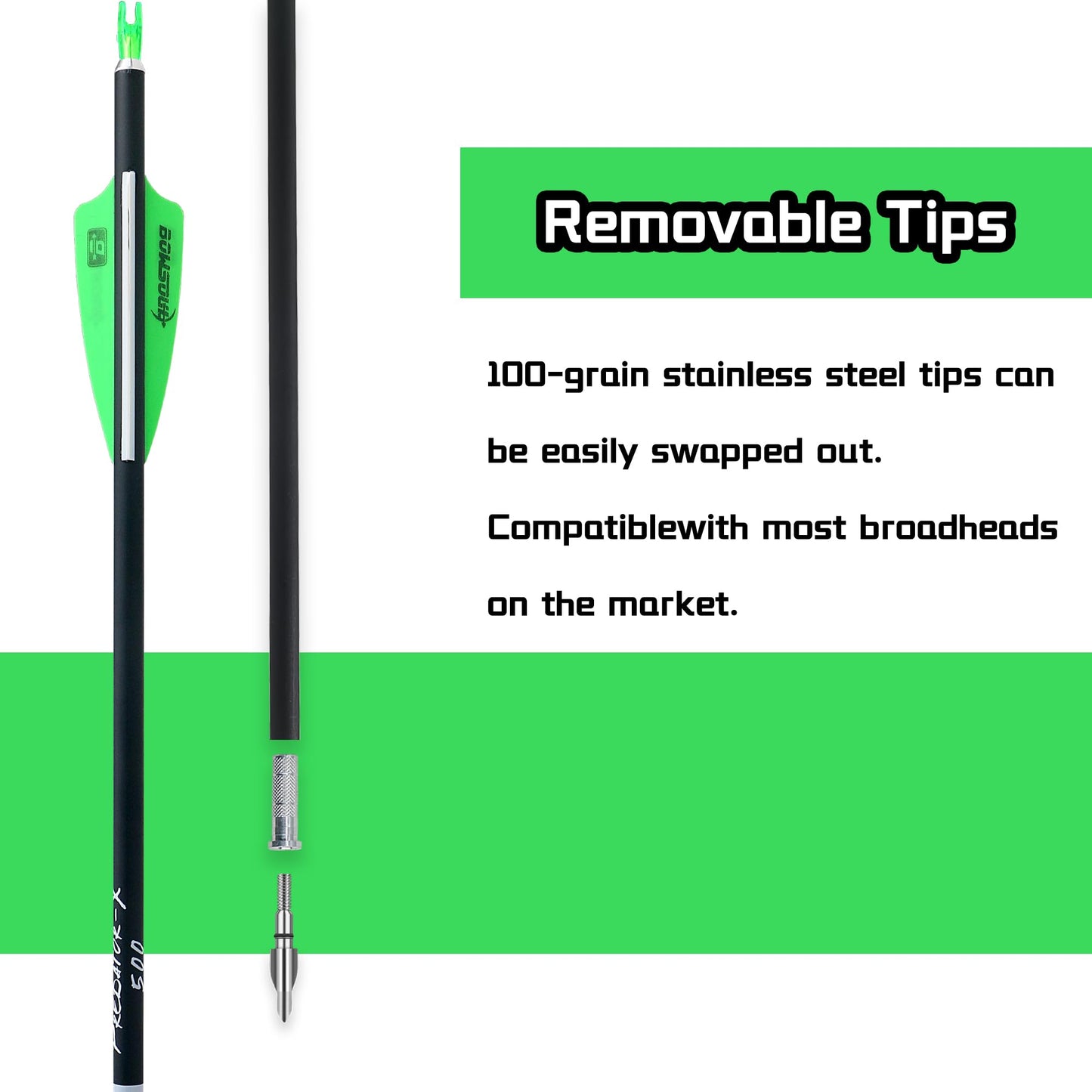 BOWSOUL 31Inch Carbon Arrows for Target Practice Hunting Arrow with Removable Tips for Compound & Recurve Bow(Pack of 12) (Green White)