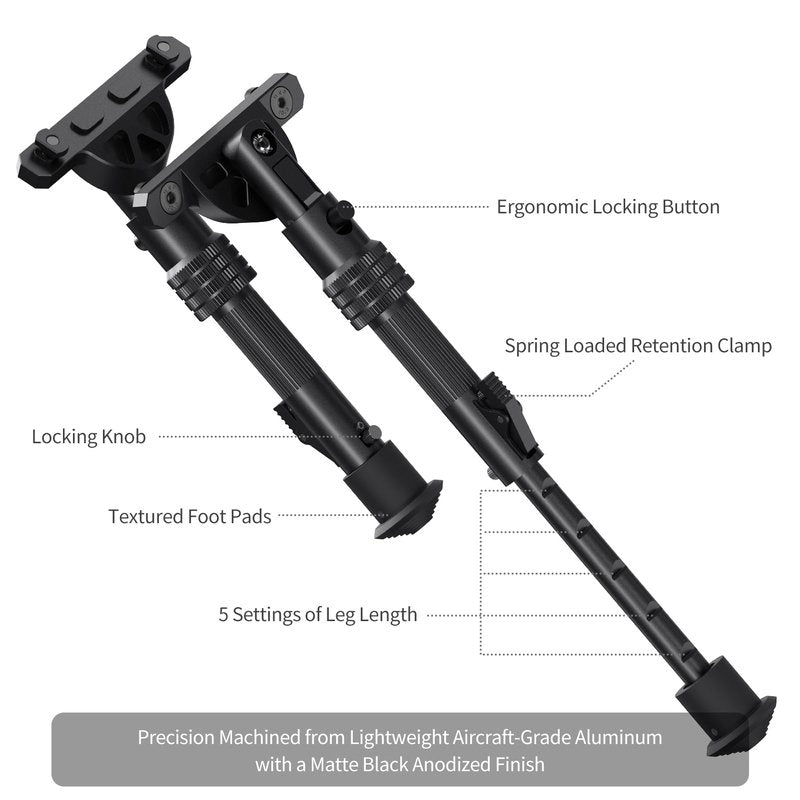 Xaegistac M Lock Rifle Bipod, 6-9 Inch Bipod for Rifles with 5 Adjustable Height & Angle, Lightweight Tactical Gun Rest for Hunting & Shooting, Matte Black