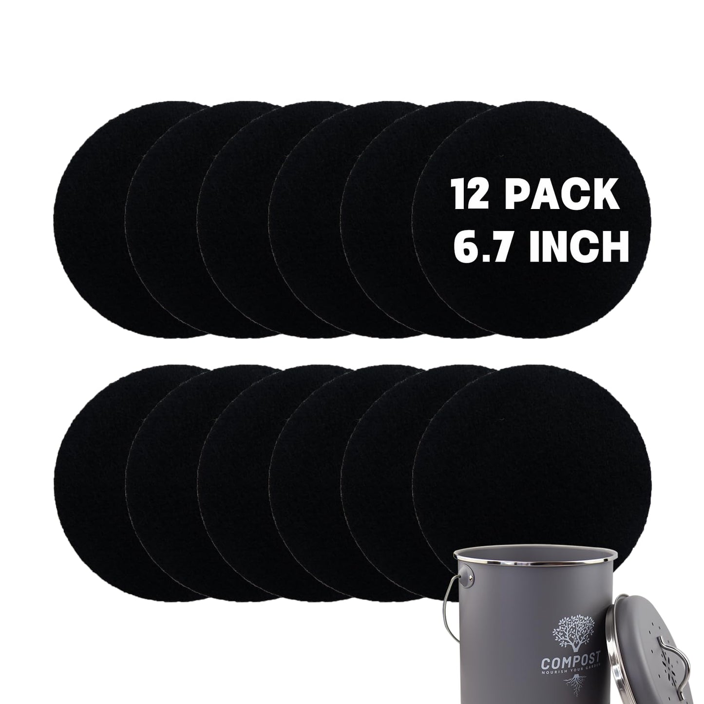 12 Pack - 6.7 Inch Round Compost Bin Charcoal Filters,Extra Thick Activated Carbon Charcoal Filters for Longer Lasting Odor Control, Fits Countertop and Home Bucket Kitchen Compost Bins (Refill)