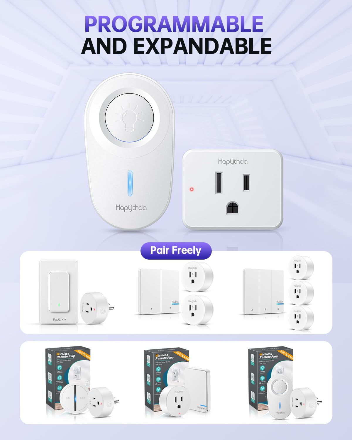 HAPYTHDA Remote Control Outlet Plug, 15A/1500W Remote Outlet Switch, 300ft RF Range Wireless Remote Light Switches, No Wiring Needed for Light, Small Electrical Appliance, Compact Design, TUV Listed