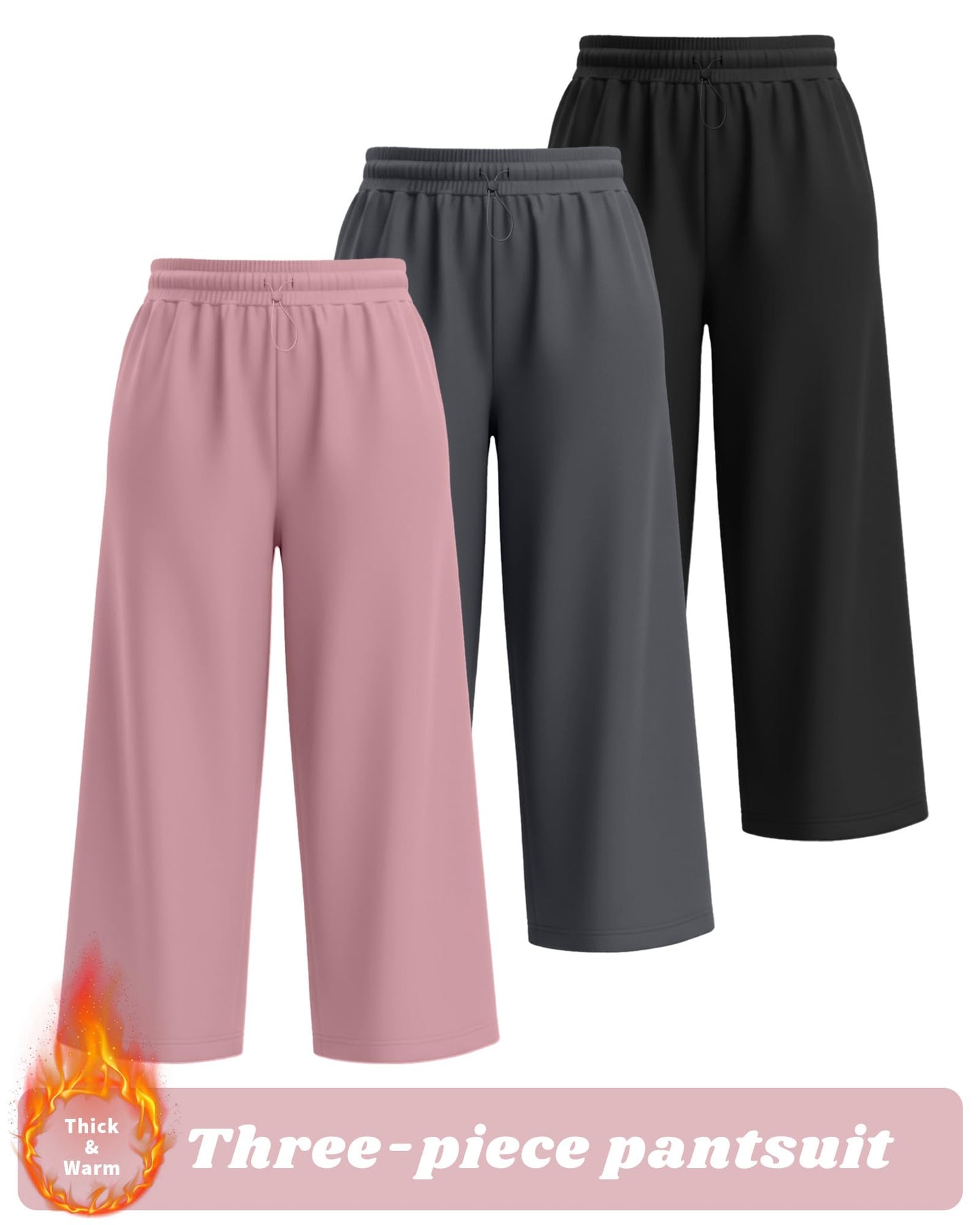 JoyMotion 3 Pack Women's Plus Size Fleece Lined Sweatpants Wide Leg Joggers Shock Cord High Waisted Thermal Pants with Pocket(Black, Dark Gray, Light Pink,3X-Large)