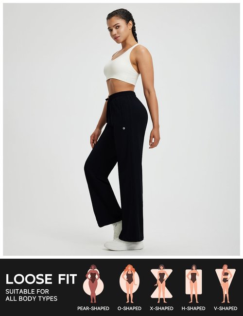 baleaf Women's Fleece Lined Pants Wide Leg Track Pants with Zipper Pockets Loose Fit Straight Leg Pull-on Pants Drawstring Black M