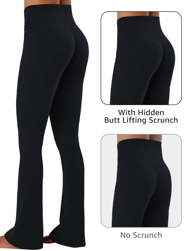 Sunzel Hidden Butt Lifting Scrunch Flare Leggings for Women with Pockets No Front Seam Tummy Control Mini Flared Yoga Pants 32" Inseam Black Large
