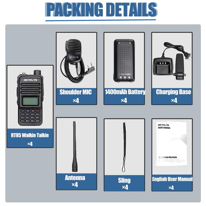 Retevis RT85 2 Way Radio Long Range with Mic, Dual Band Two Way Radio Handheld, LCD Display, Durable,SOS Siren, Flashlight, Profession Walkie Talkies for Security Hotel Business Survival(4 Pack)