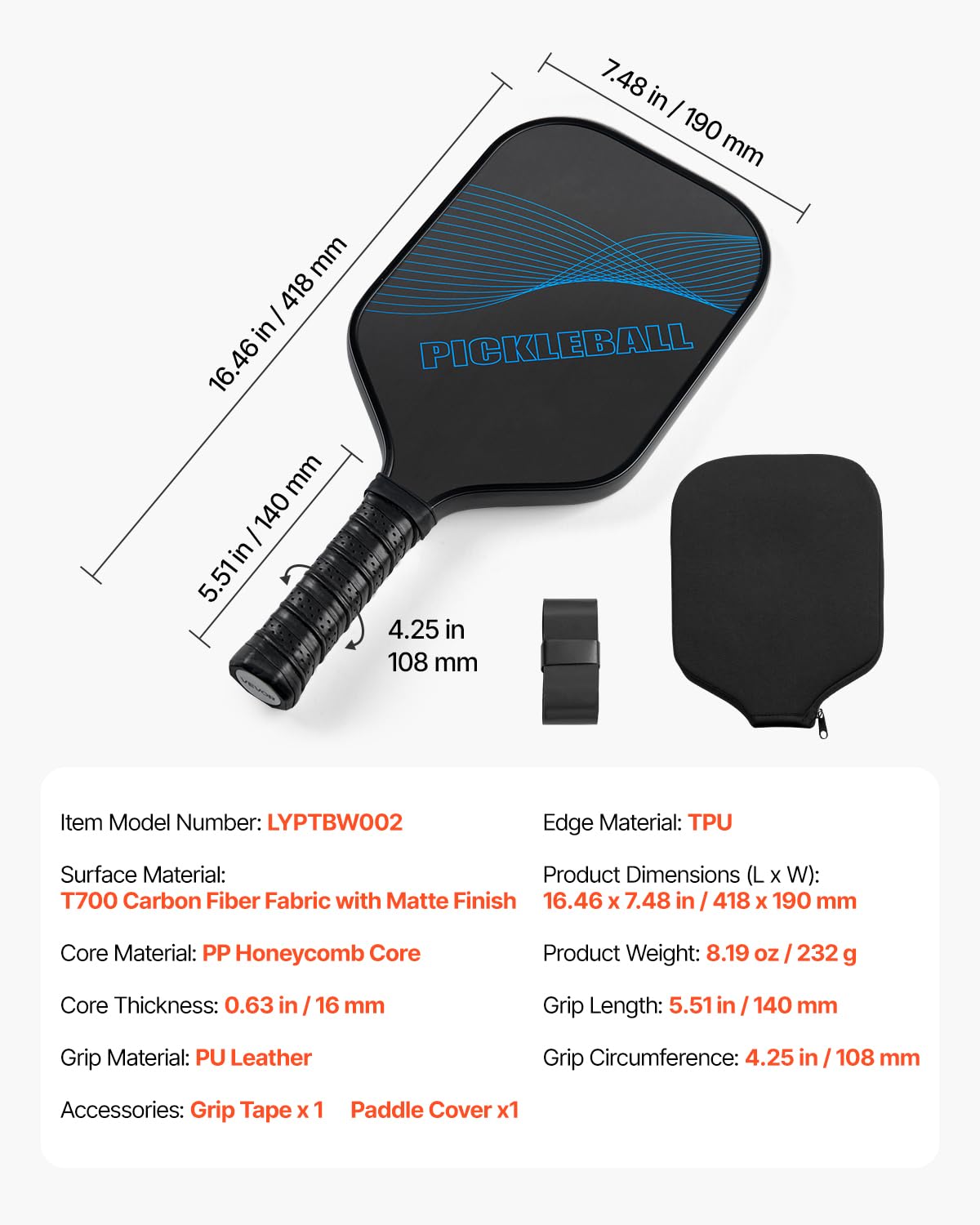 VEVOR Pickleball Paddle, T700 Carbon Fiber Surface & Honeycomb Core, Professional Pickleball Paddle with Increased Power & Control & Spin, Pro Pickle Ball Racket for Adults, Men & Women, Blue