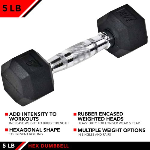 JFIT Rubber Hex Dumbbell, 5 LB, Single
