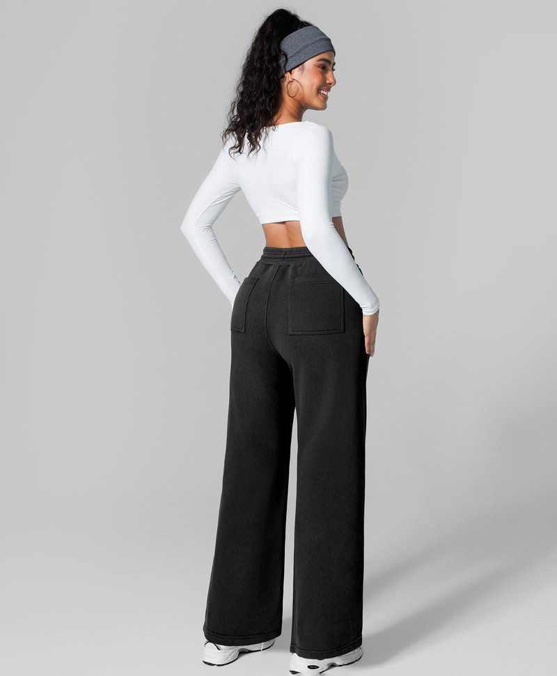 BRXL Thick Cotton Wide Leg Sweatpants for Tall Women 4 Pockets Winter Thermal Warm Baggy Pull On High Waisted Sweat Pants Black
