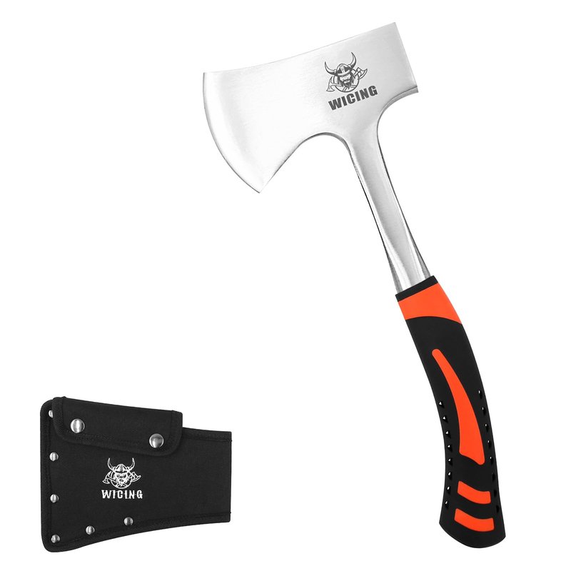 WICING 13.8" Hatchet, Camping Axe High Carbon Steel & Shock Reduction Grip with Nylon Sheath