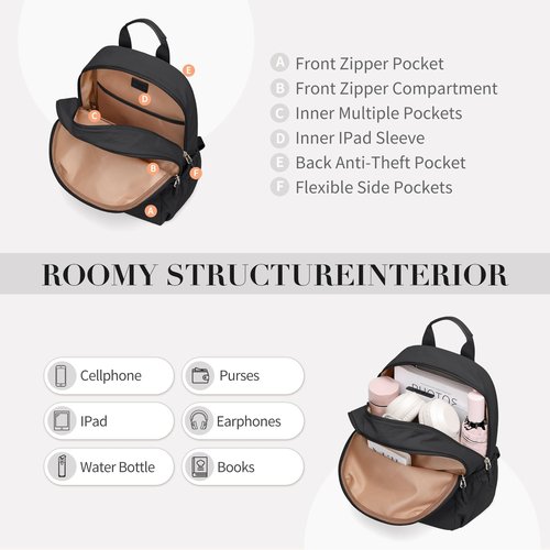 GOLF SUPAGS 13L Mini Backpack Lightweight Nylon Daypack for Women, Small City Pack, Versatile Ladies Backpack for Shopping & Travel, Black