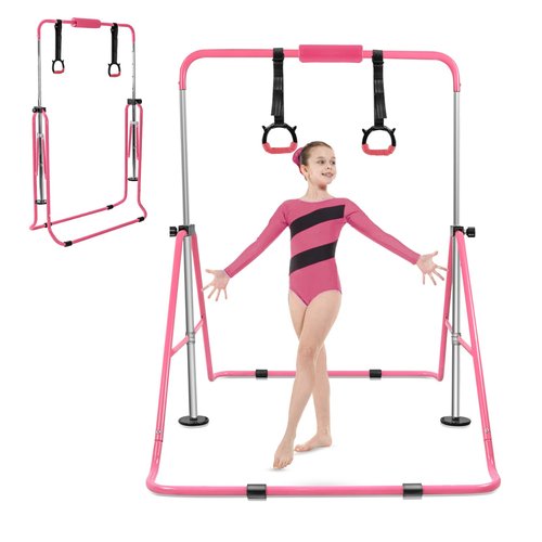 YEEGO DIRECT Gymnastics Bar with Rings,Gymnastics Bar for Kids Ages 3-10,Foldable Gymnastics Bar,Kids Gymnastics Bar Expandable for Home Training Kids Gifts for Grils Boys (Pink)