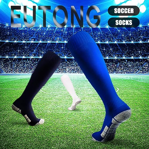 Knee High Soccer Socks - Youth & Adult, 3 Pairs - X-Large Black+White+Blue