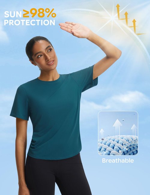 baleaf Women's Short Sleeve Yoga Shirts Soft UPF 50+ Workout Tops Sun Protection Athletic T-Shirts Blue M