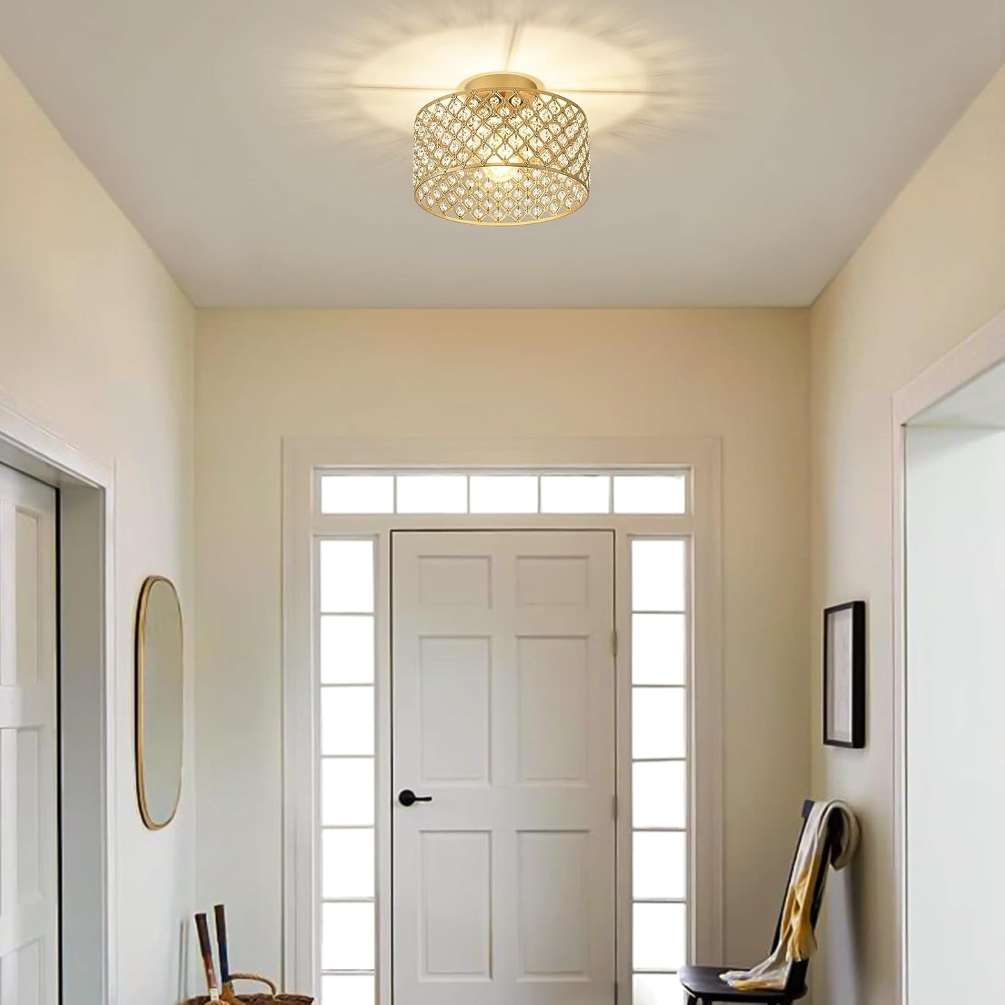 Modern Black Crystal Semi Flush Mount Ceiling Light Fixture - 11.2" Round Chandelier for Dining Room, Hallway, Kitchen & Bedroom